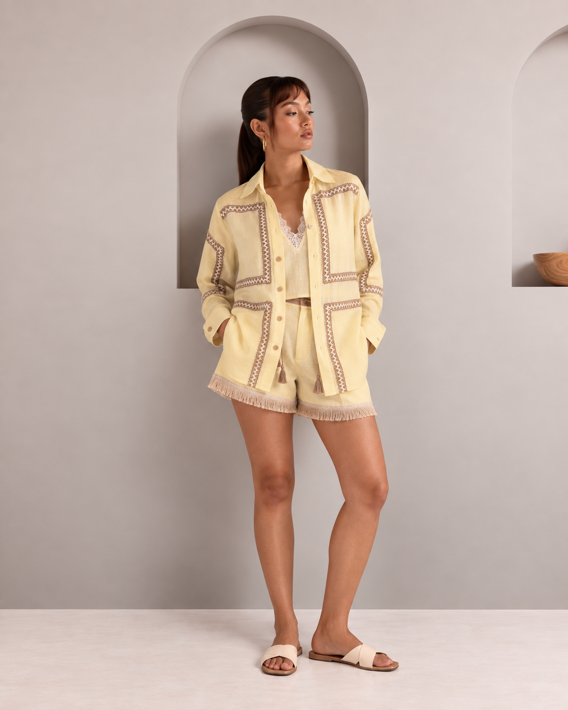 Set of 3 -  Butter Yellow Como Jute Shirt, Mia Top & Palma Fringe Shorts