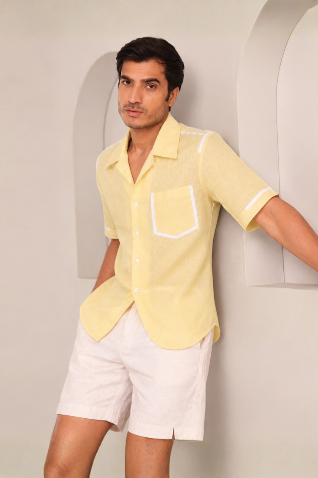 Set of 2: Butter Yellow Palm Shirt & White Bonzai Shorts