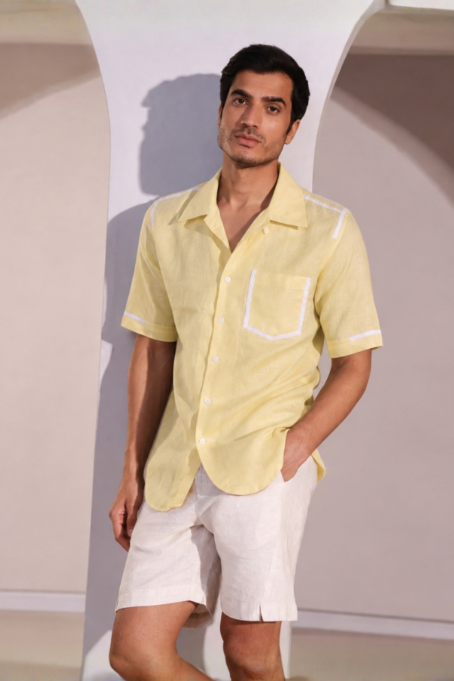 Set of 2: Butter Yellow Palm Shirt & White Bonzai Shorts