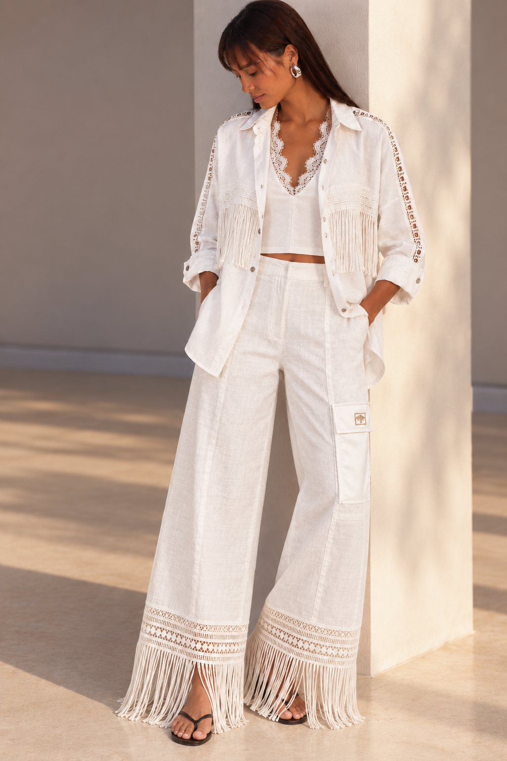 Set of 3 - White Amara Tassle Shirt, Mia Top & Alba Pants
