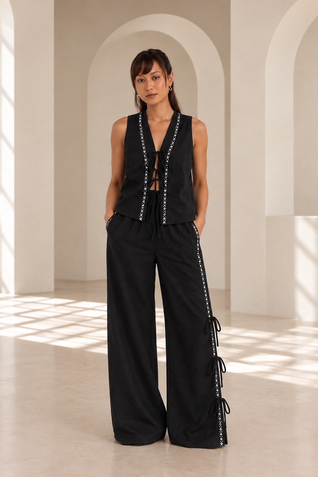 Set of 2: Black Riva Reversable Tie Up Top & Sable Pants
