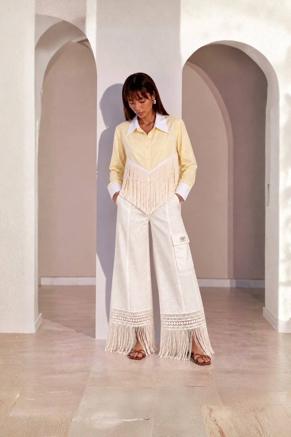 Set of 2: Butter Yellow Celine Long Tassel Shirt & Alba Pants