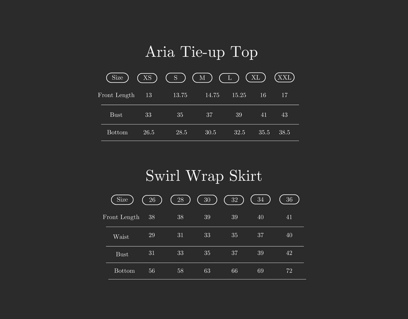Size Guide for Set of 2: Aria Top & Swirl Skirt