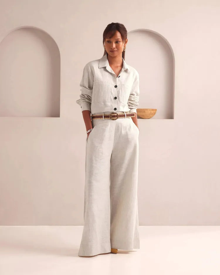 Set of 2 : Ivory Shirt & Tranquil Flared Pants - Oatmeal