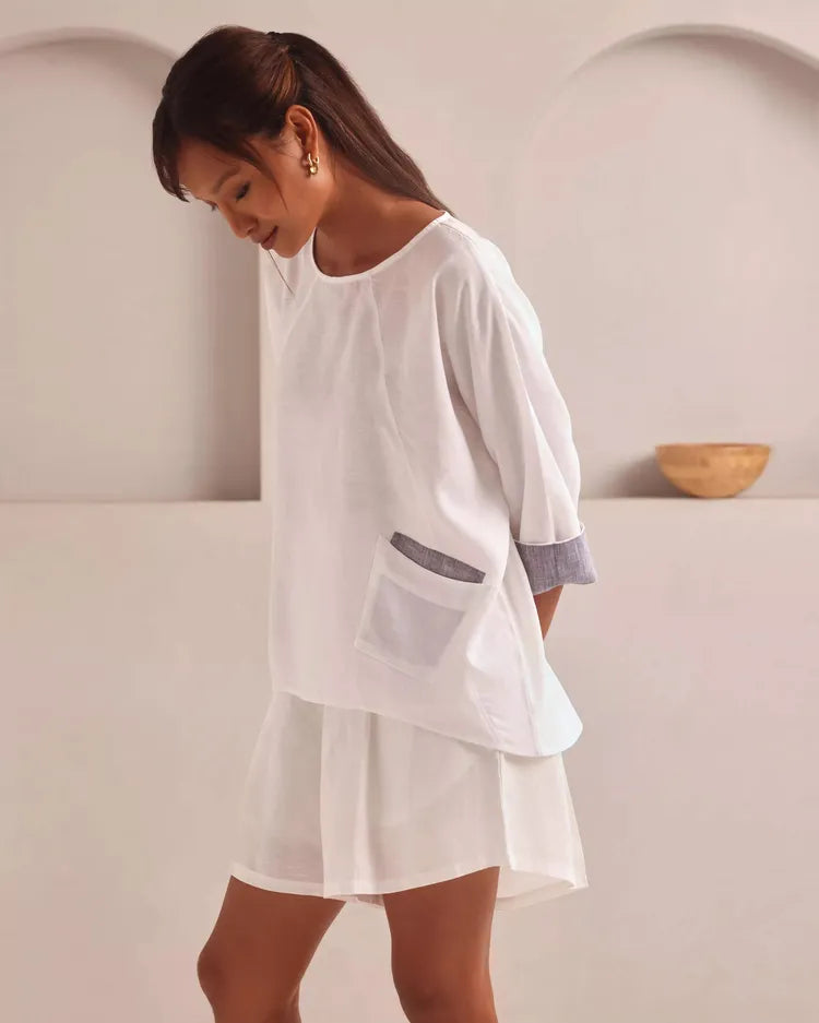 Set of 2 : Soar Kimono Top & Aerial Highwaisted Shorts - White