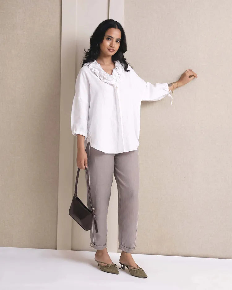 Set of 2 : Coral Ruffle Shirt & Jasper Pants - White & Khaki