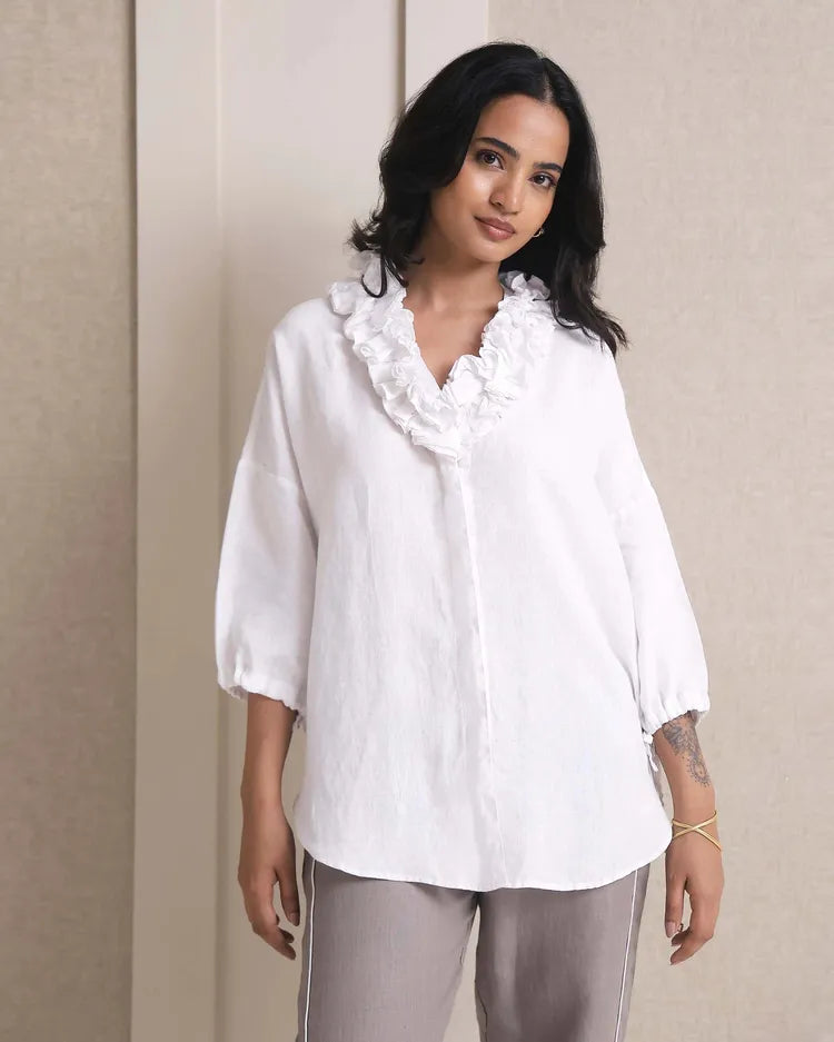 Set of 2 : Coral Ruffle Shirt & Jasper Pants - White & Khaki