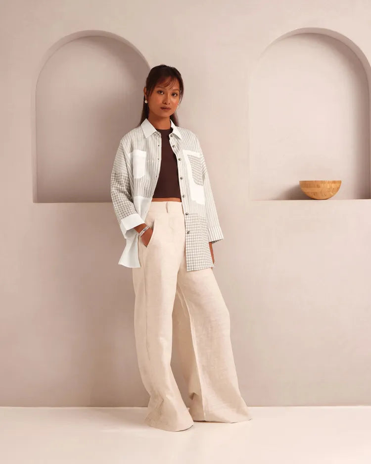Set of 2 : Auroa Shirt & Tranquil Flared Pants - White Checks & Oatmeal