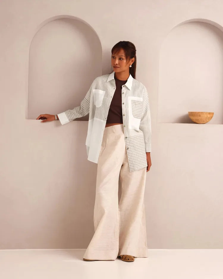 Set of 2 : Auroa Shirt & Tranquil Flared Pants - White Checks & Oatmeal