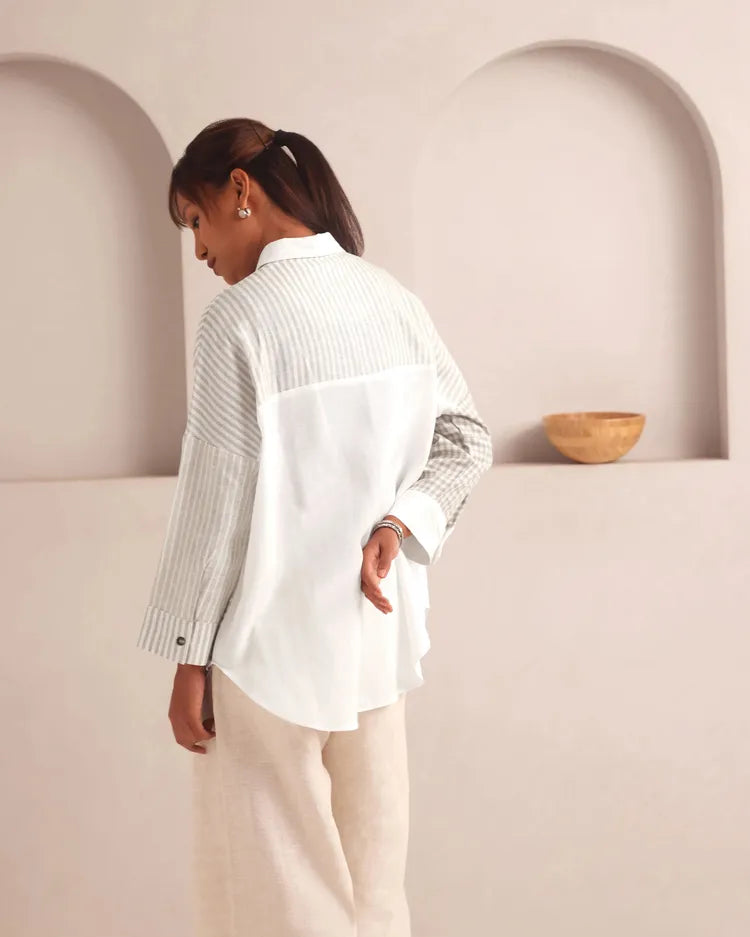 Set of 2 : Auroa Shirt & Tranquil Flared Pants - White Checks & Oatmeal