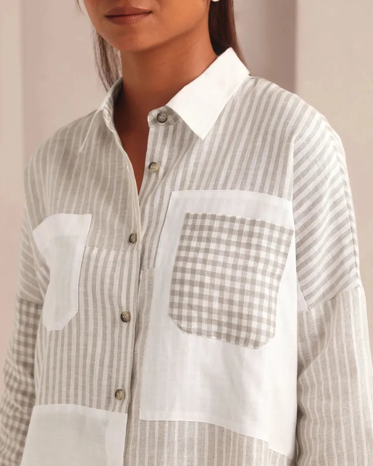 Set of 2 : Auroa Shirt & Tranquil Flared Pants - White Checks & Oatmeal