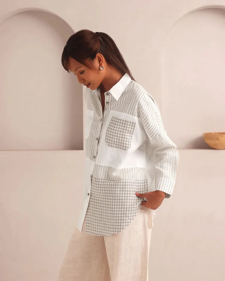 Set of 2 : Auroa Shirt & Tranquil Flared Pants - White Checks & Oatmeal