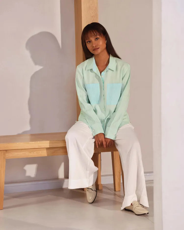 Set of 2 : Ivory Shirt & Tranquil Flared Pants - Mint & White