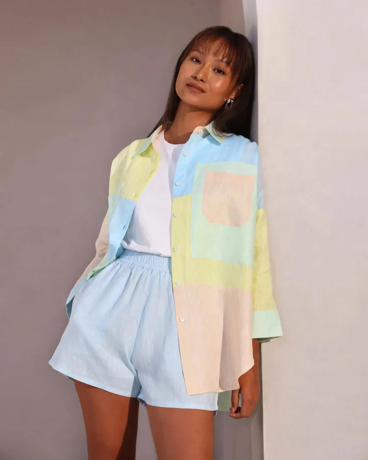 Set of 2 : Aurora Colorblock Shirt & Floater Elastic Shorts - Pastel & Lightblue