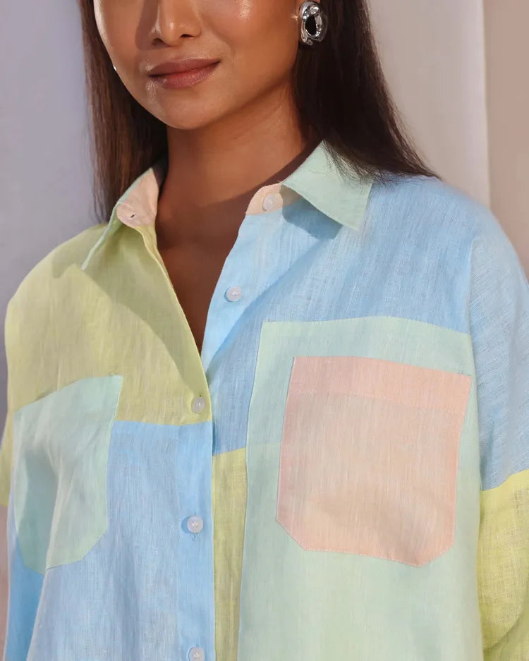 Set of 2 : Aurora Colorblock Shirt & Floater Elastic Shorts - Pastel & Lightblue