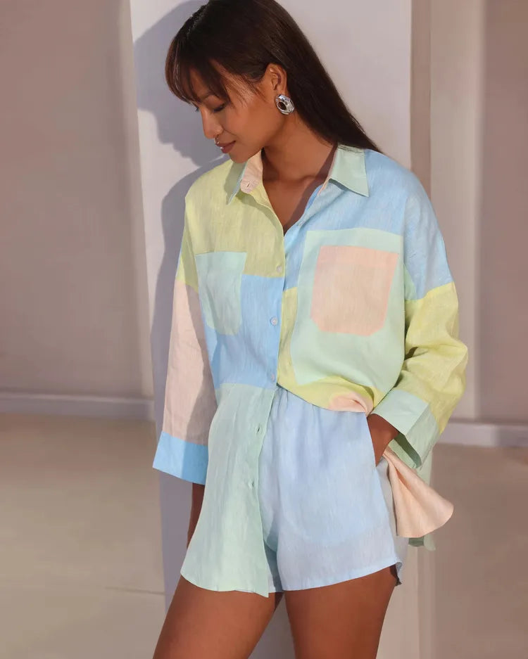 Set of 2 : Aurora Colorblock Shirt & Floater Elastic Shorts - Pastel & Lightblue