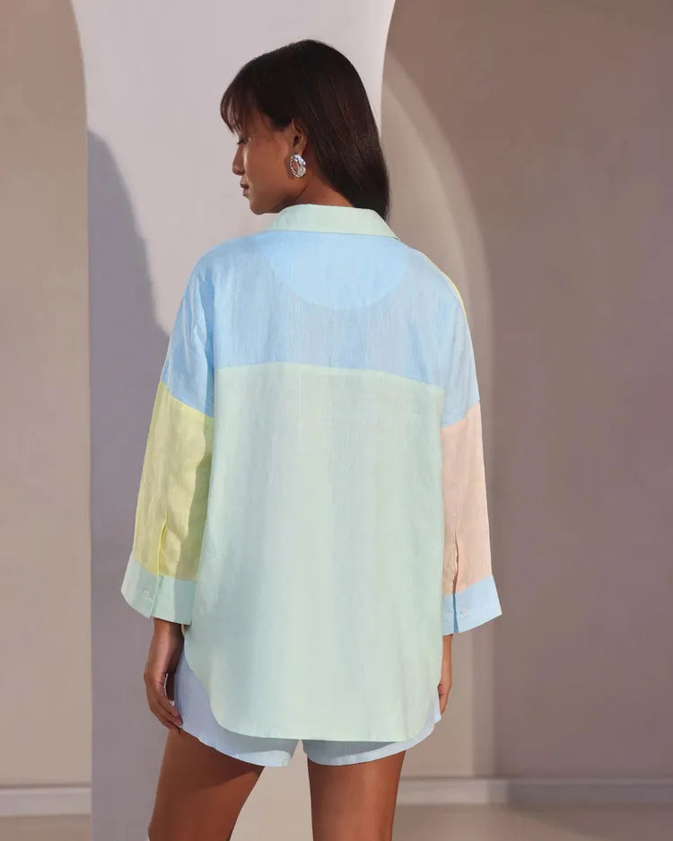 Set of 2 : Aurora Colorblock Shirt & Floater Elastic Shorts - Pastel & Lightblue
