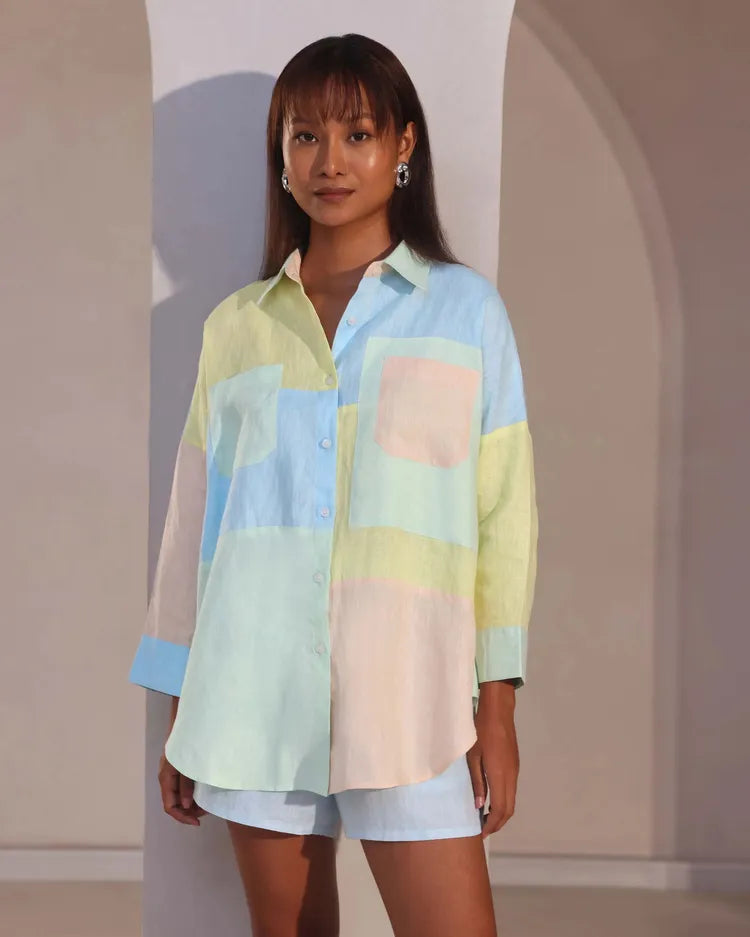 Set of 2 : Aurora Colorblock Shirt & Floater Elastic Shorts - Pastel & Lightblue