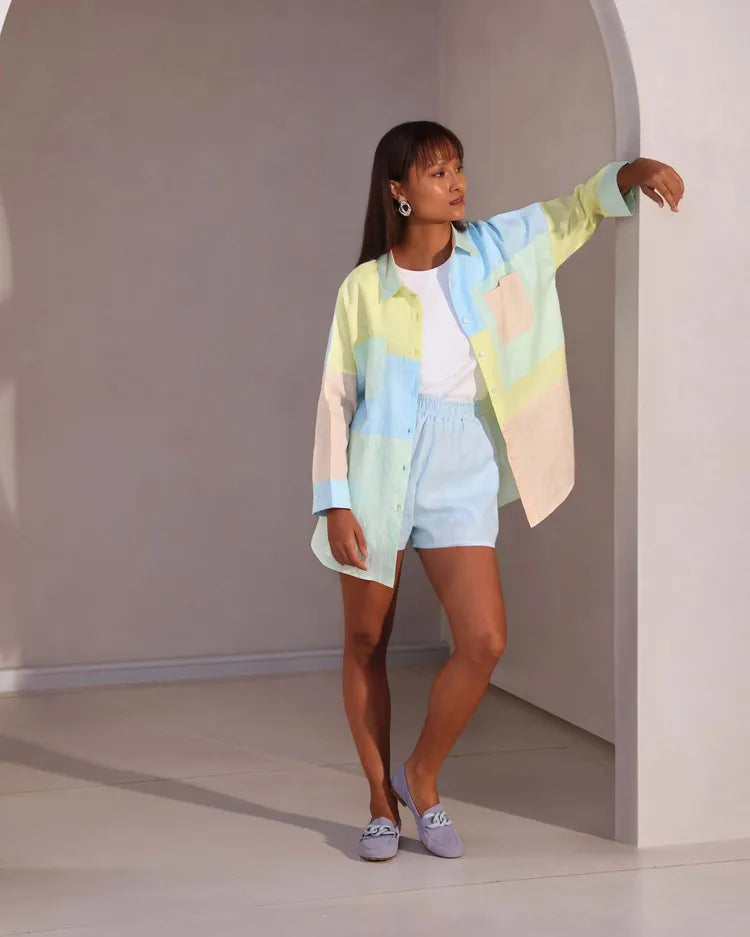 Set of 2 : Aurora Colorblock Shirt & Floater Elastic Shorts - Pastel & Lightblue