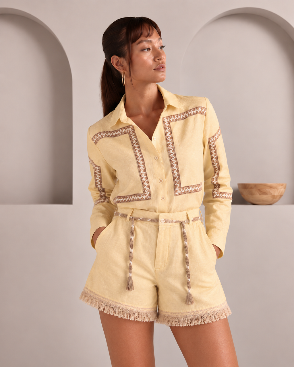 Set of 2: Butter Yellow Como Shirt & Palma Fringe Shorts