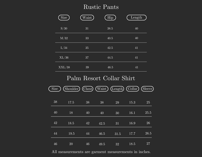 Size Guide for Set of 2 : Palm Resort Collar Shirt & Rustic Pants