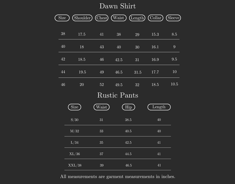Size Guide for Set of 2: Dawn Shirt & Rustic Pants