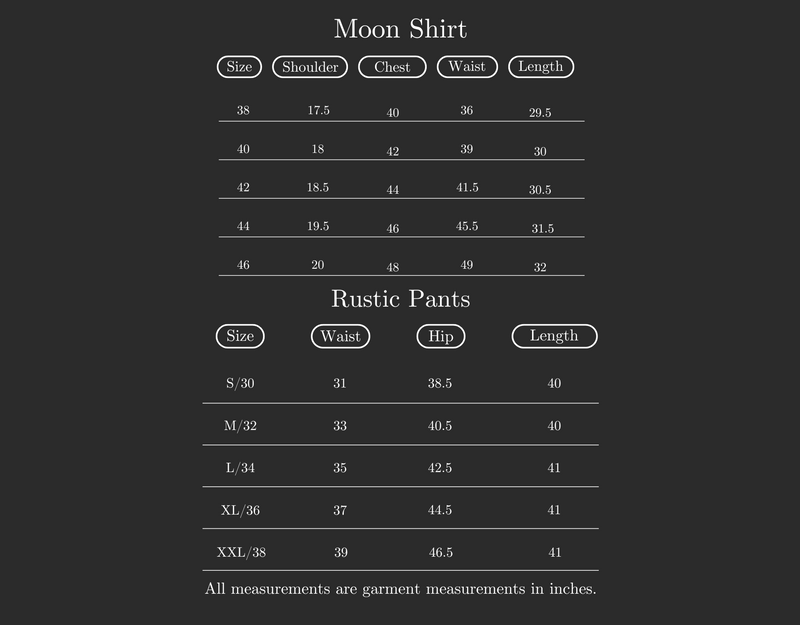 Size Guide for Set of 2: Moon Shirt & Rustic Pants