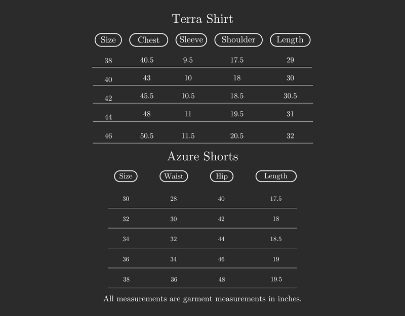 Size Guide for Set of 2: Terra Shirt & Azure Shorts