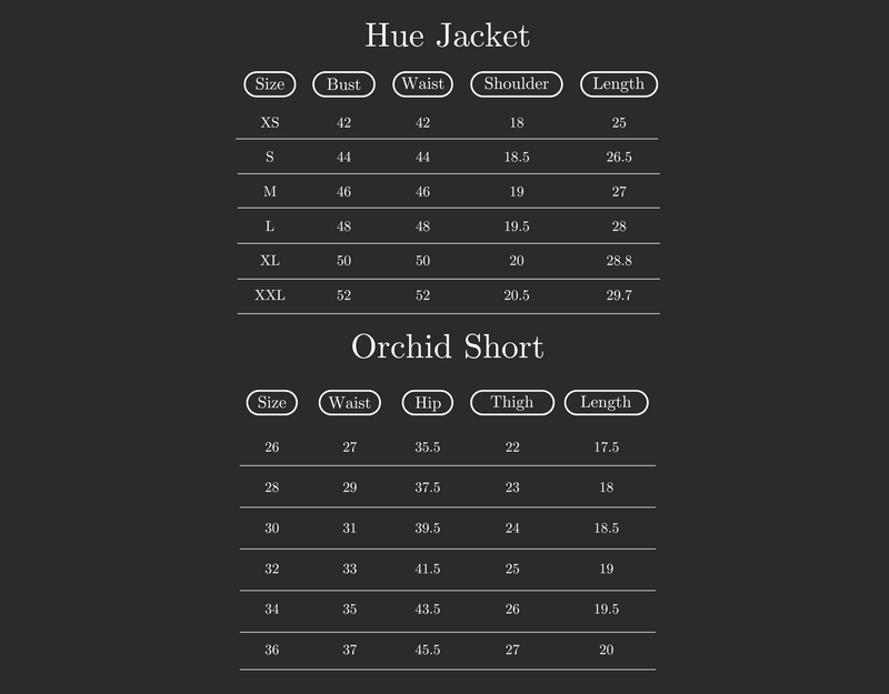 Size Guide for Set of 2: Hue Jacket & Orchid Shorts