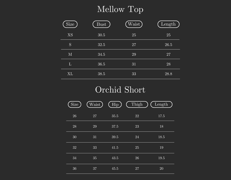 Size Guide for Set of 2: Mellow Top & Orchid Shorts