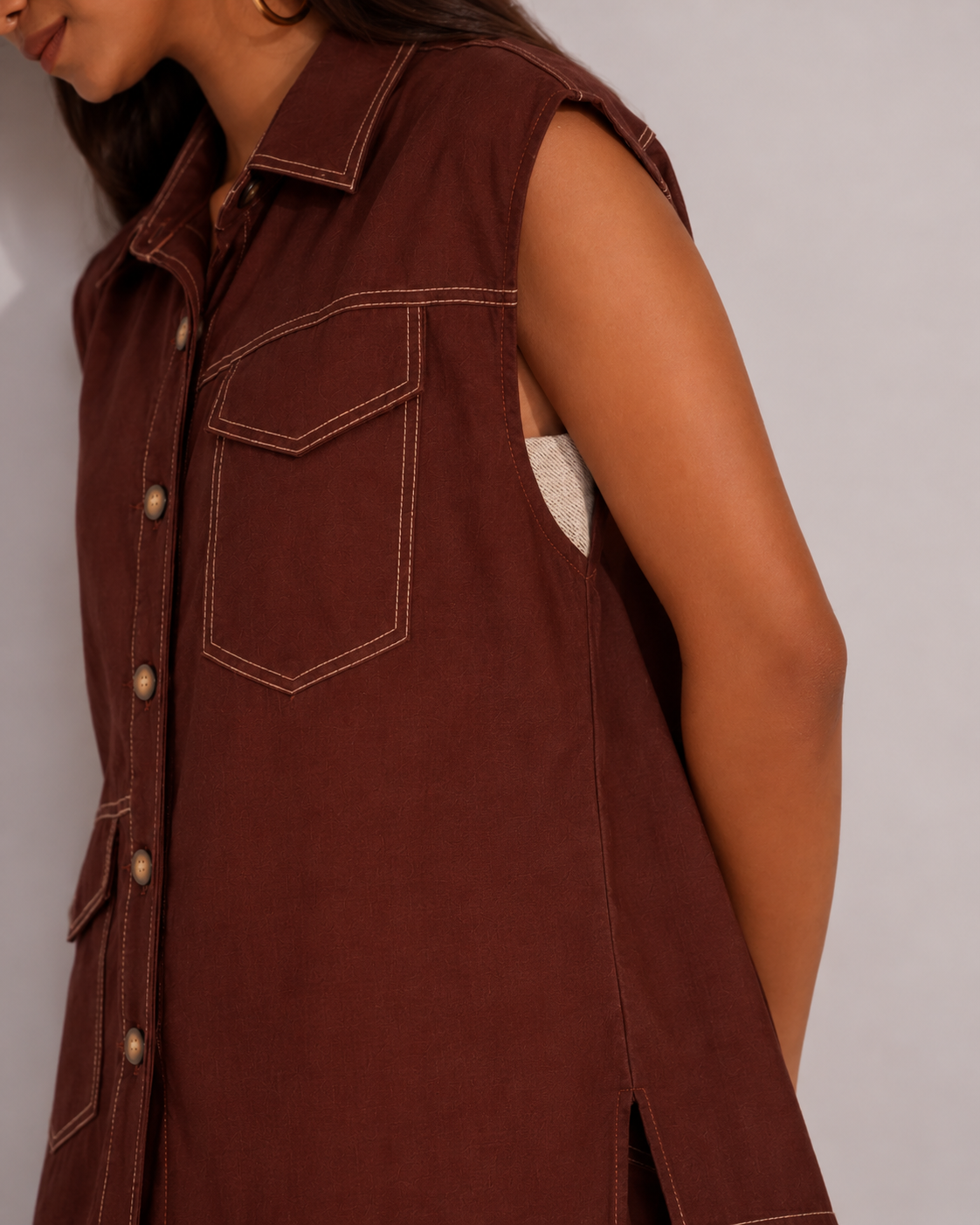 Brown Sleeveless Hue Jacket Top