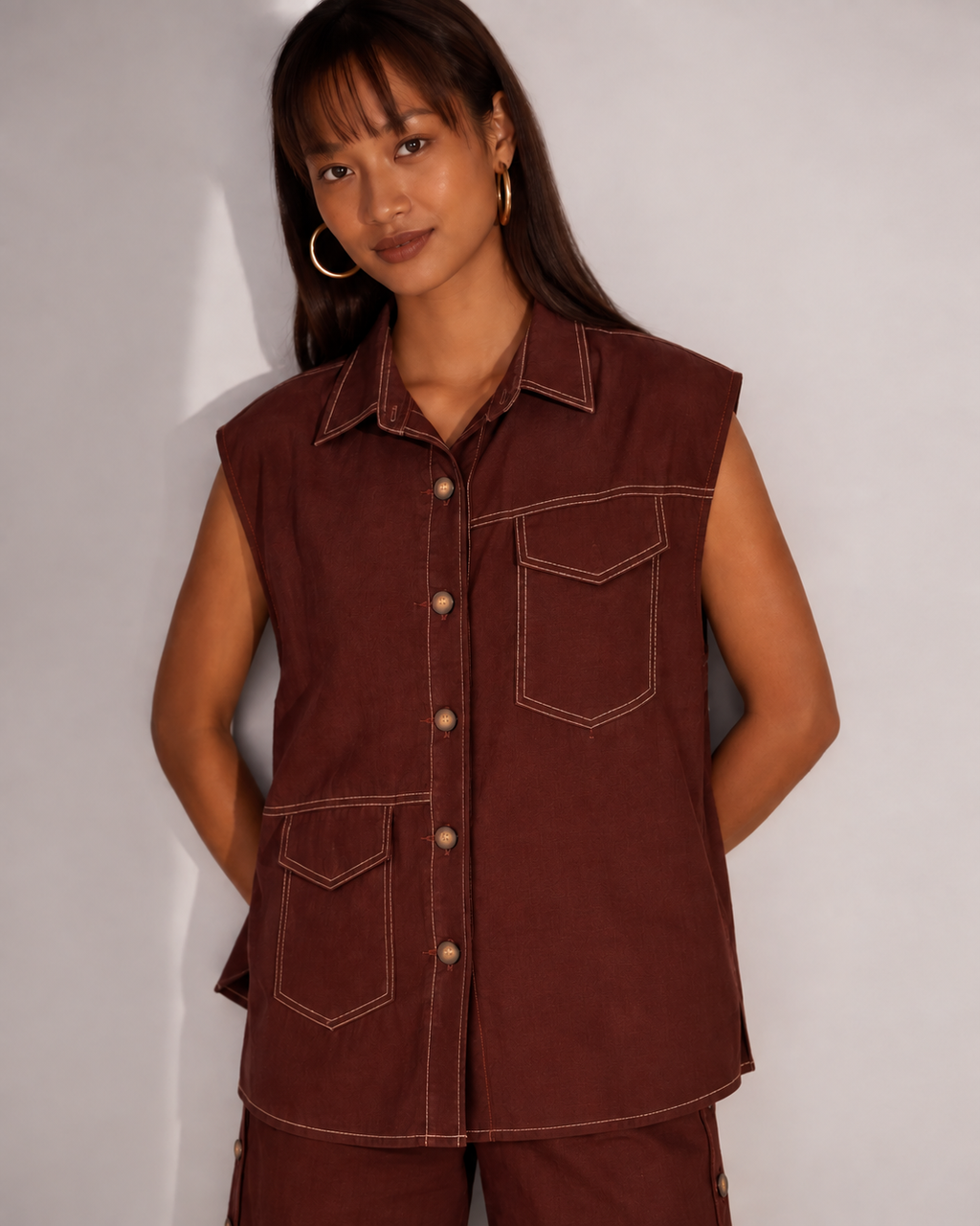 Brown Sleeveless Hue Jacket Top