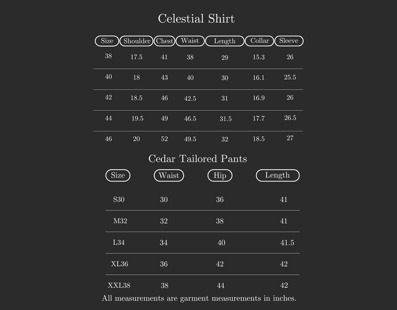 Size Guide for Set of 2: Celestial Shirt & Cedar Pants