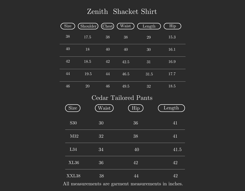 Size Guide for Set of 2: Zenith Shacket Shirt & Cedar Pants