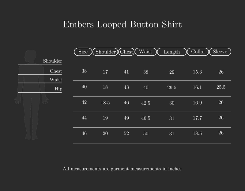 Size Guide for Embers Looped Button Shirt