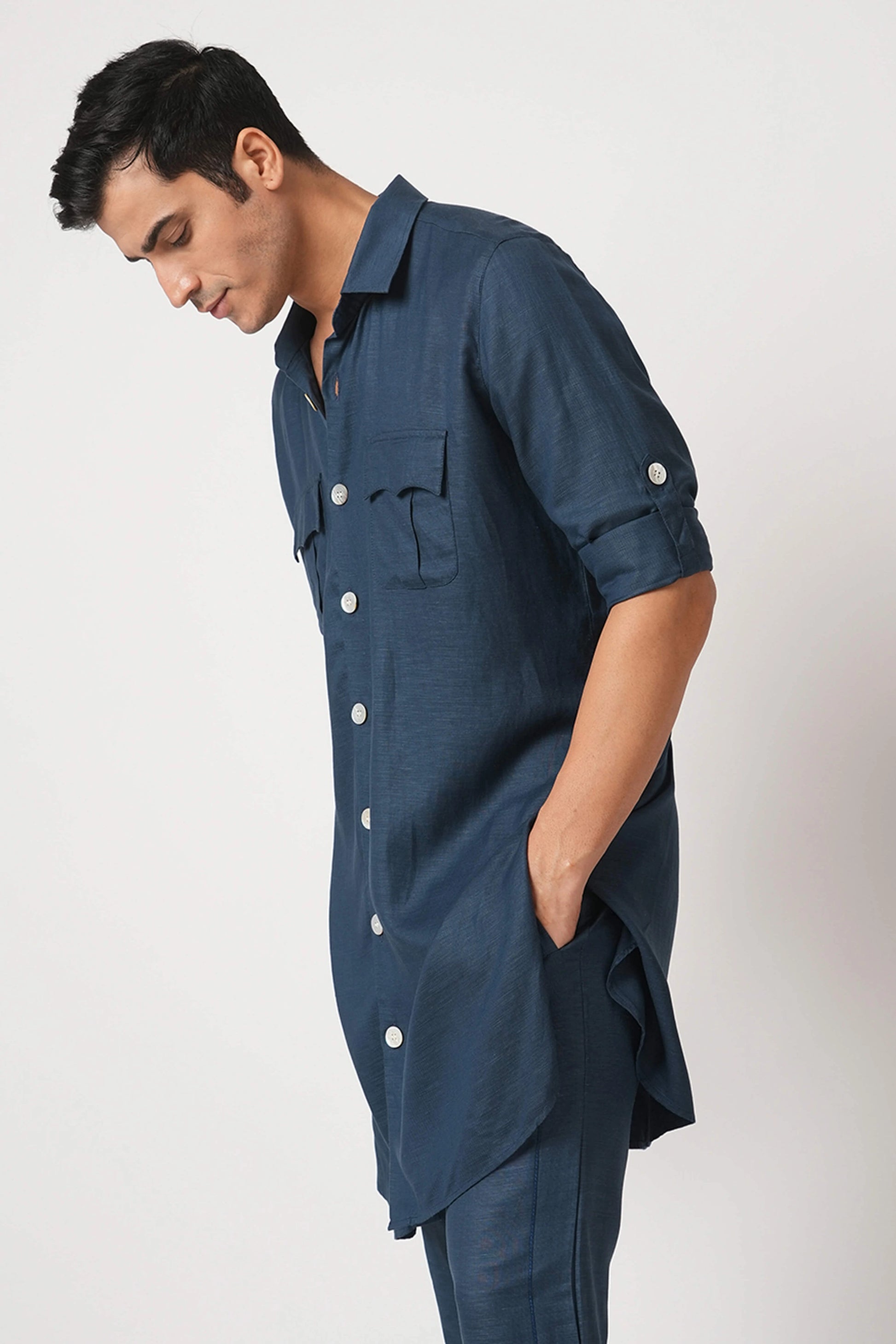 Navy Double Pocket Ray Kurta
