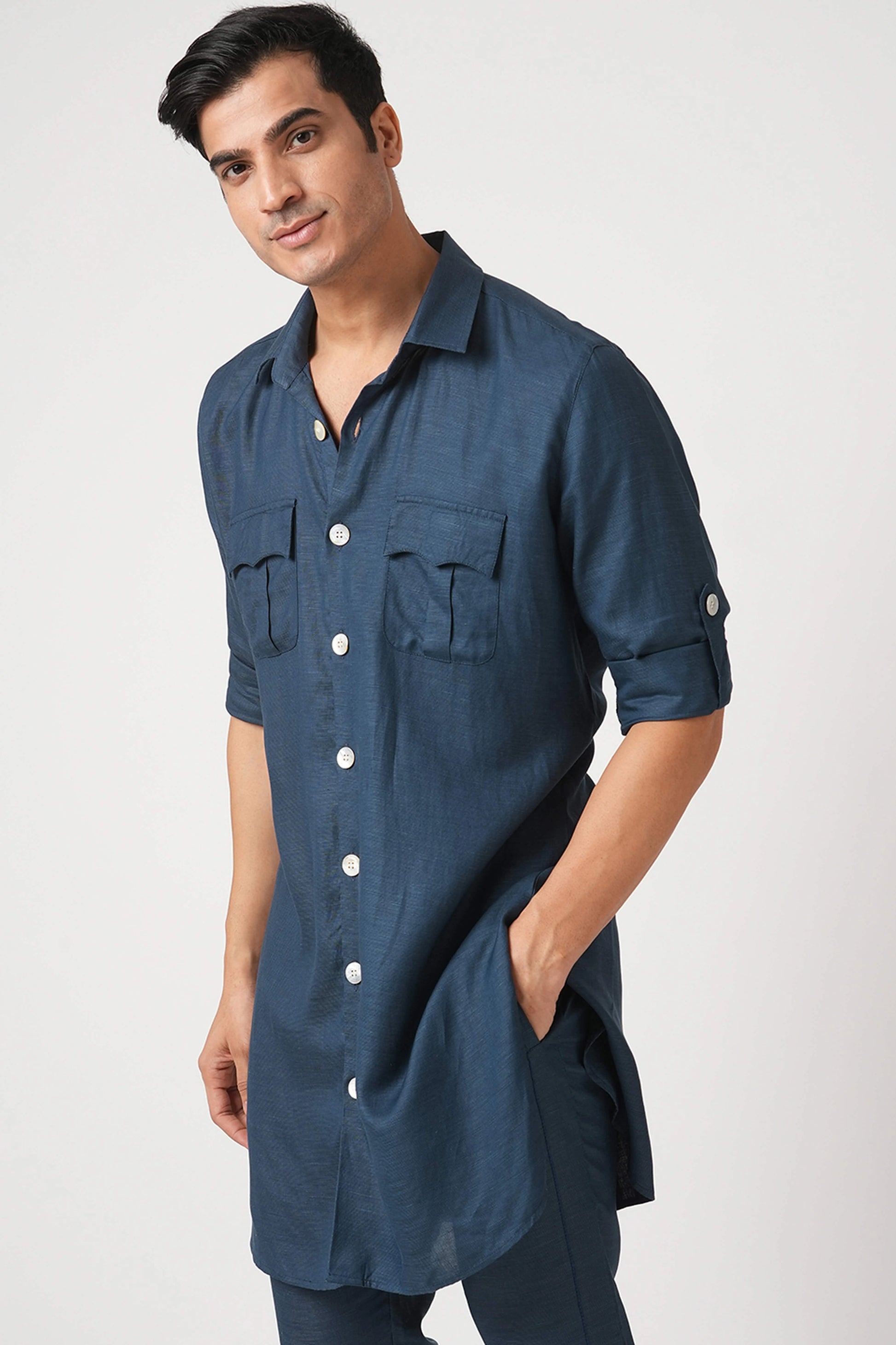 Navy Double Pocket Ray Kurta
