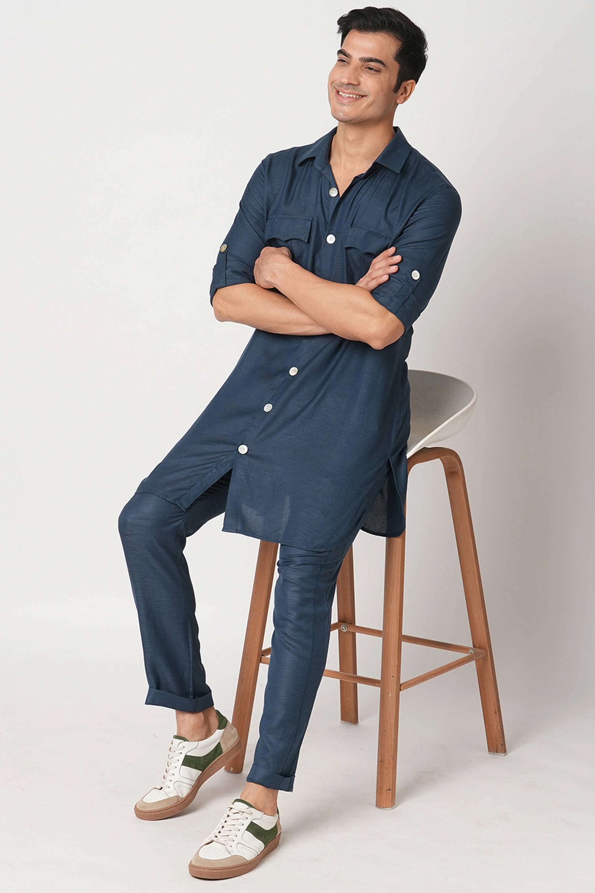Navy Double Pocket Ray Kurta