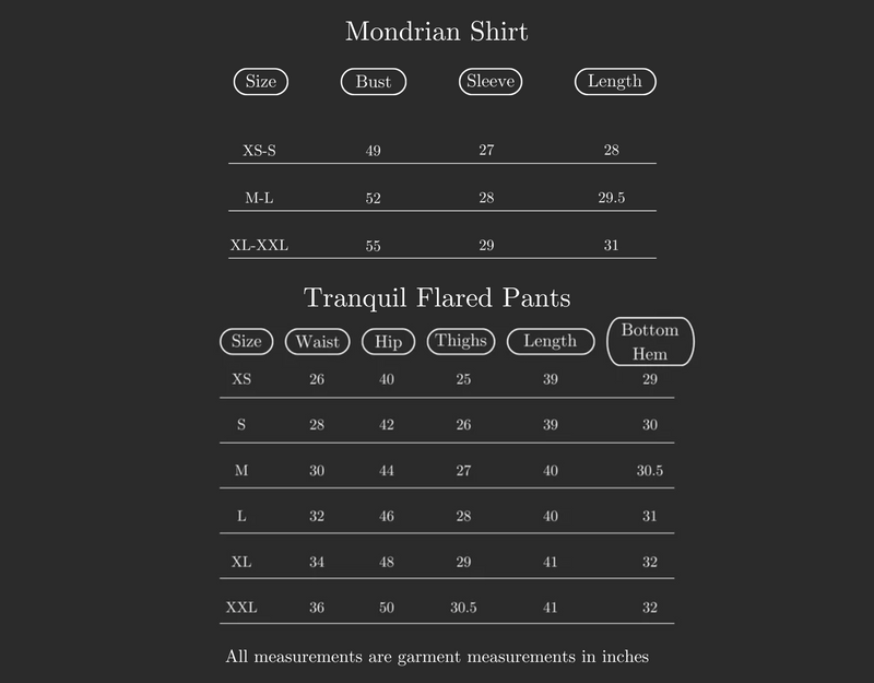 Size Guide for Set of 2: Mondrian Shirt & Tranquil Pants - Black