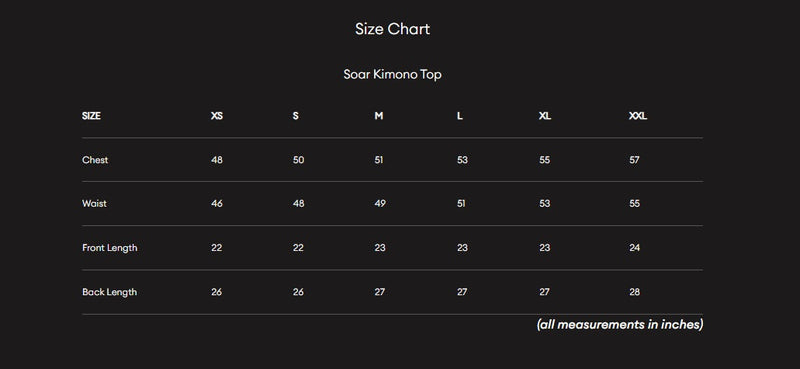 Size Guide for Soar Kimono Top
