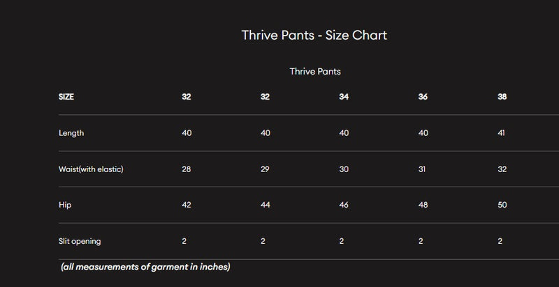 Size Guide for Thrive Pants