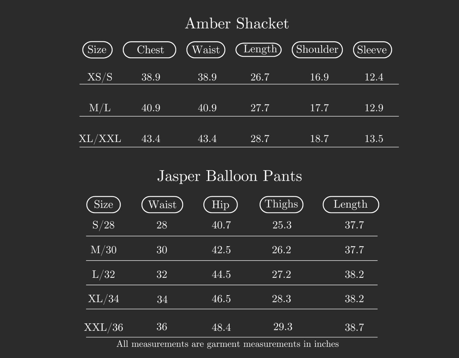 Size Chart (variant 8336539549888)