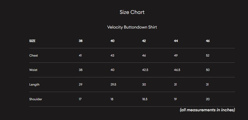 Size Guide for Zeal Zipper Shirt