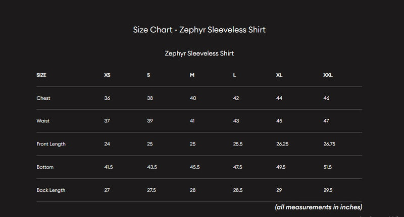Size Guide for Zephyr Sleeveless Shirt