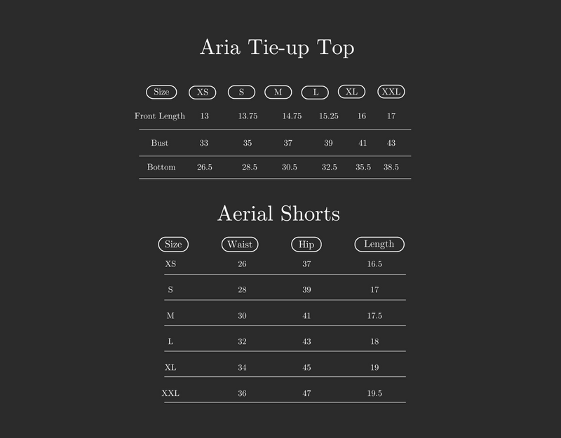 Size Guide for Set of 2: Aria Top & Aerial Shorts