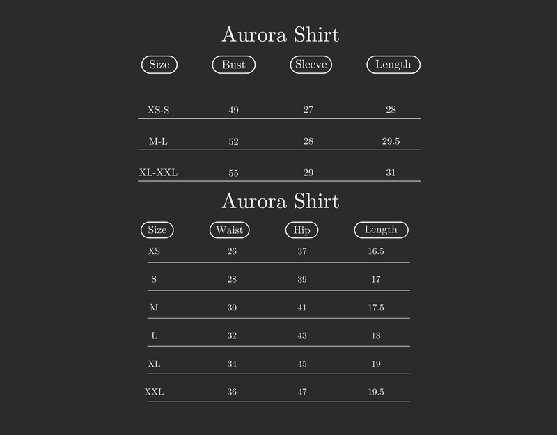 Size Guide for Set of 2: Aurora Shirt & Aerial Shorts