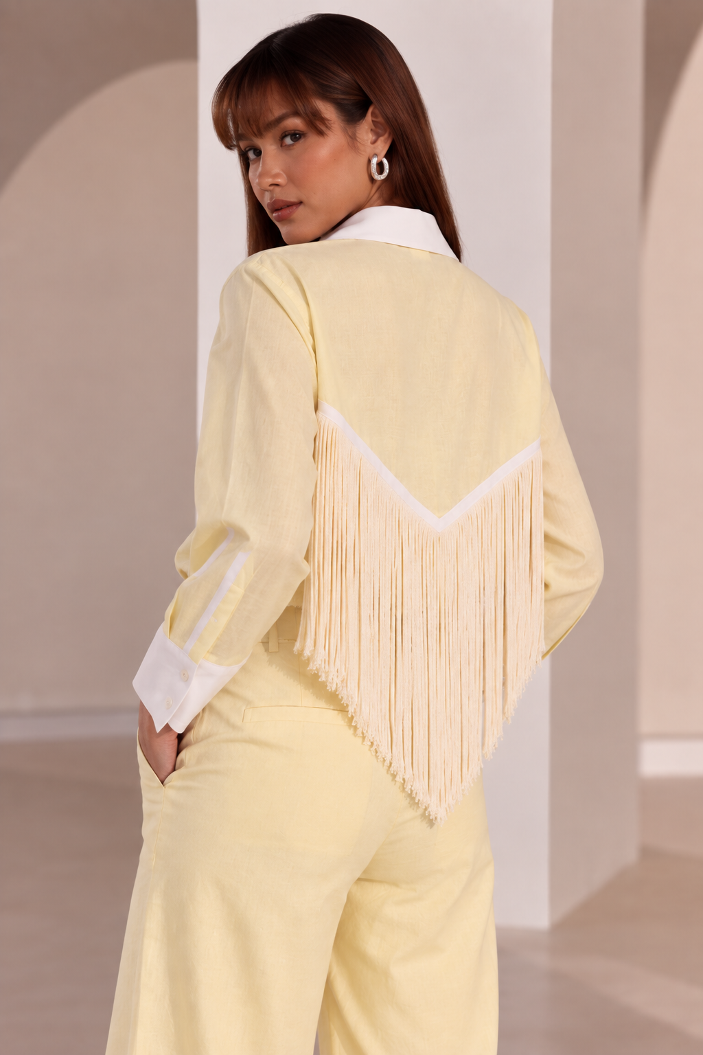 Set of 2: Butter Yellow Celine Long Tassel Shirt & Marigold Pants