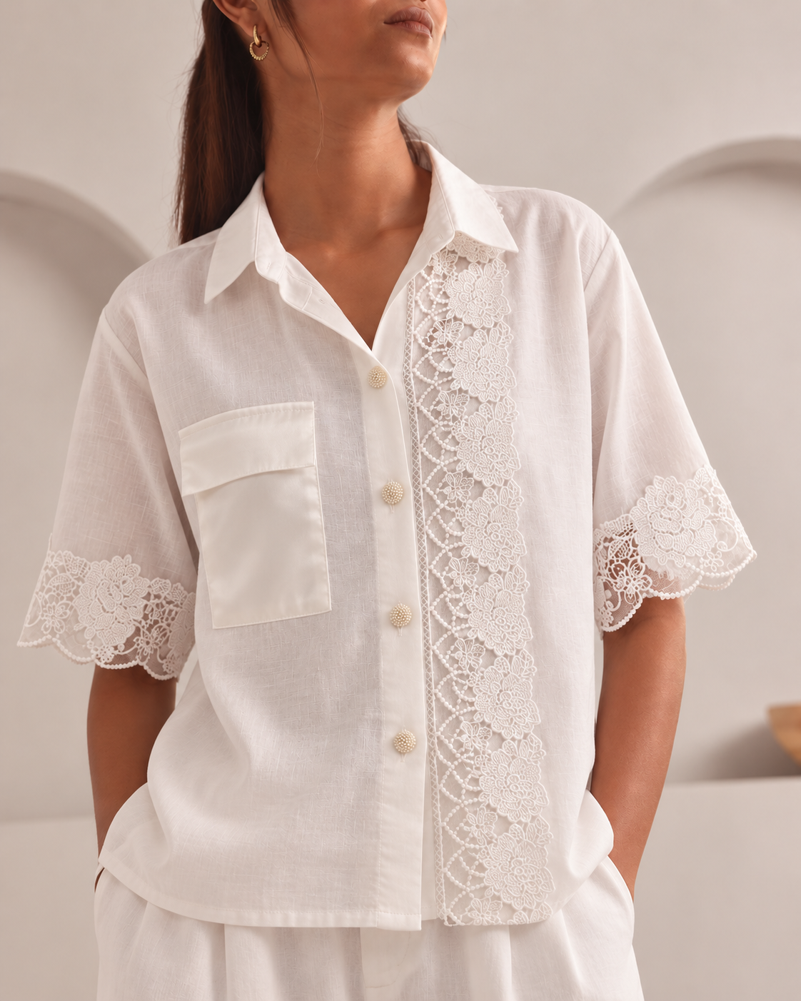 Set of 3: White Lola Crop Shirt, Mia Top & Dune Lace Shorts