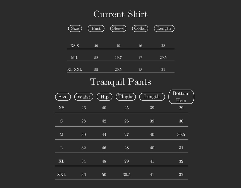 Size Guide for Set of 2: Current Shirt & Tranquil Pants