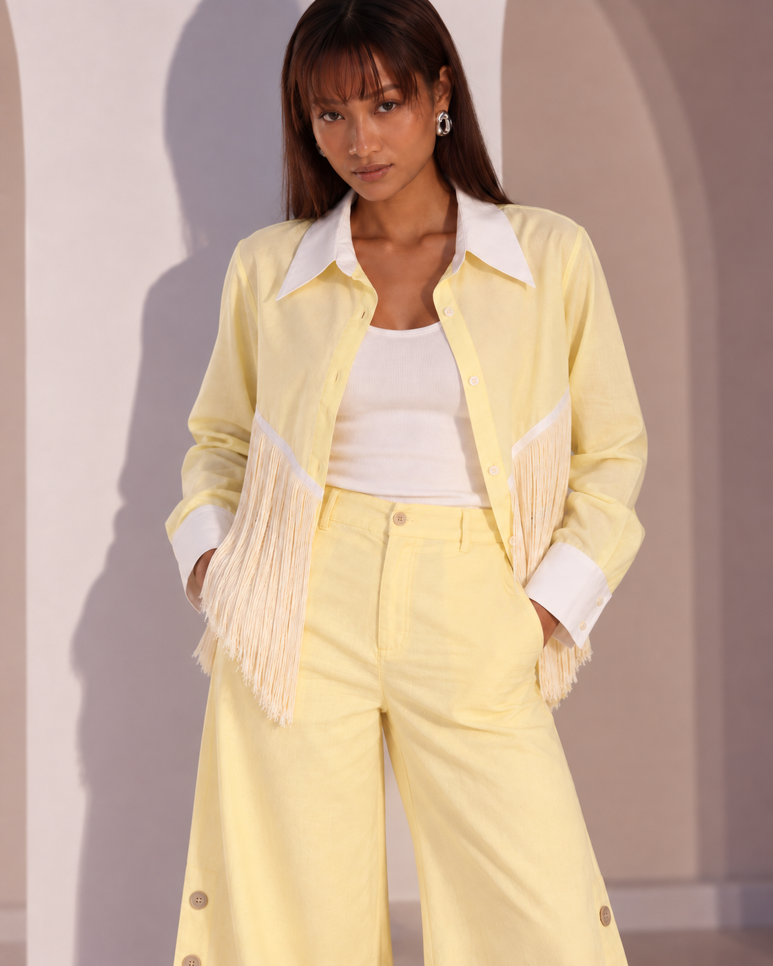 Set of 2: Butter Yellow Celine Long Tassel Shirt & Marigold Pants
